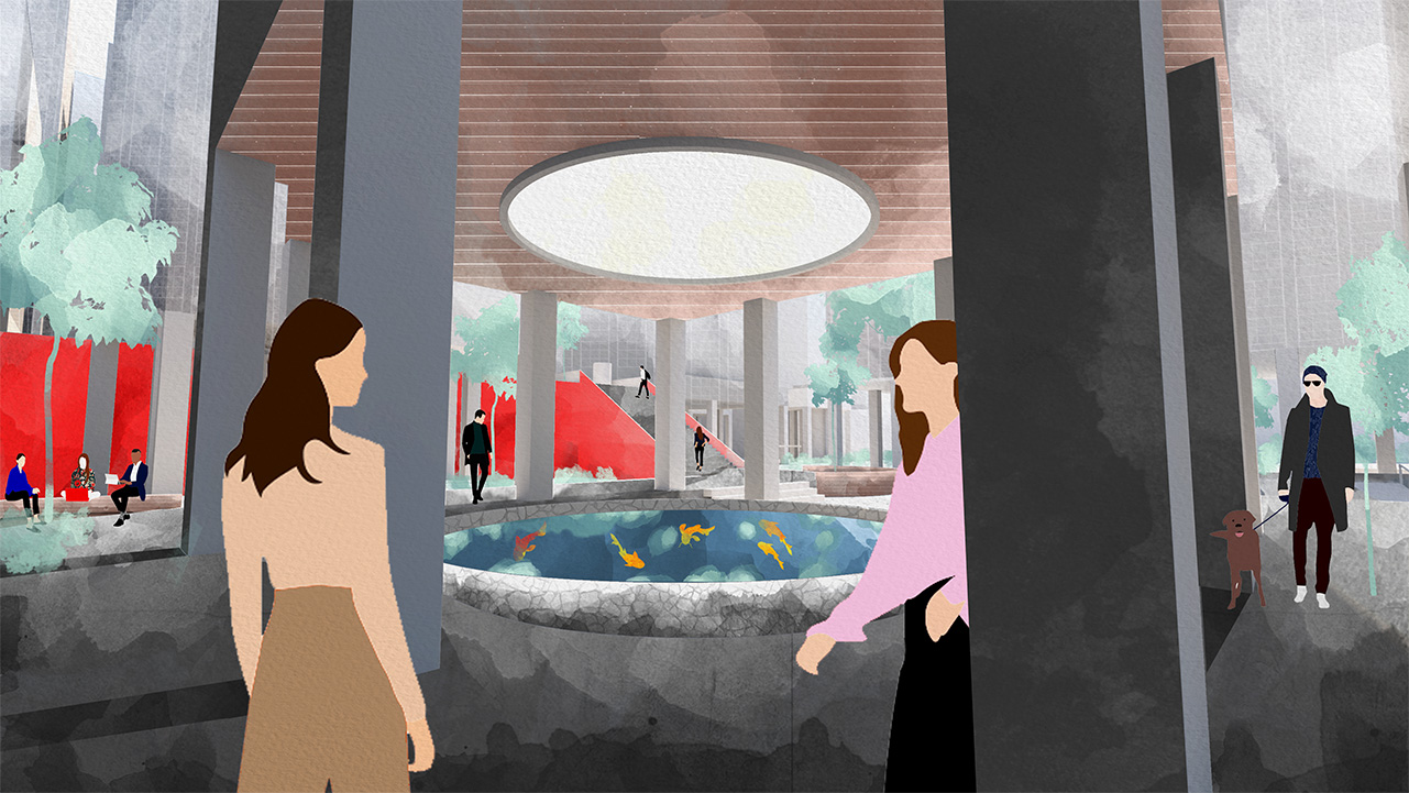 Mon Kok 2100 Render of a small Koi pond in the city with people walking around